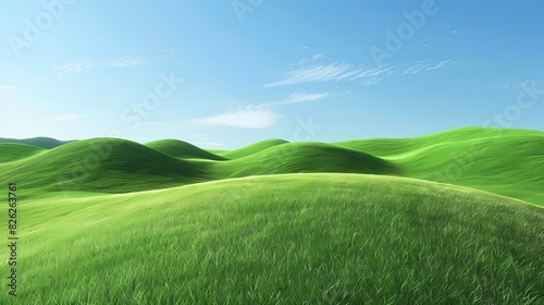 Rolling hills carpeted in vibrant green grass, stretching as far as the eye can see under a clear blue sky