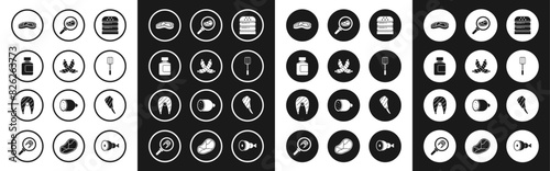 Set Burger, Crossed sausage, Sauce bottle, Steak meat, Spatula, in frying pan, Rib eye steak and Fish icon. Vector