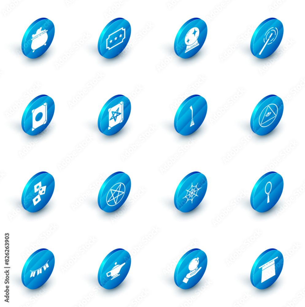 Set Ticket, Magic ball, wand, Ancient magic book, Game dice, Masons and Witches broom icon. Vector Set Ticket, Magic ball, wand, Ancient magic book, Game dice, Masons and Witches broom icon. Vector