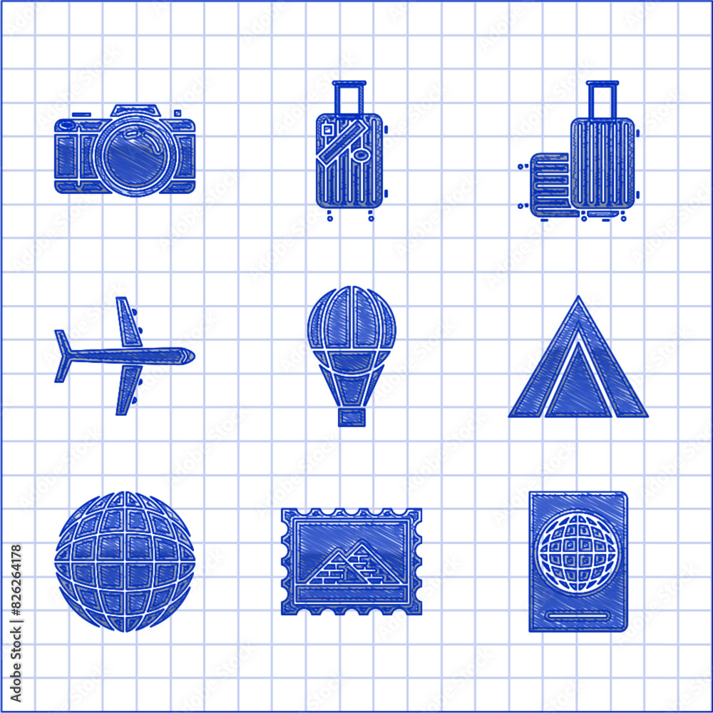 Φωτογραφία Set Hot air balloon, Postal stamp and Egypt pyramids, Passport with biometric data, Tourist tent, Earth globe, Plane, Suitcase for travel and Photo camera icon