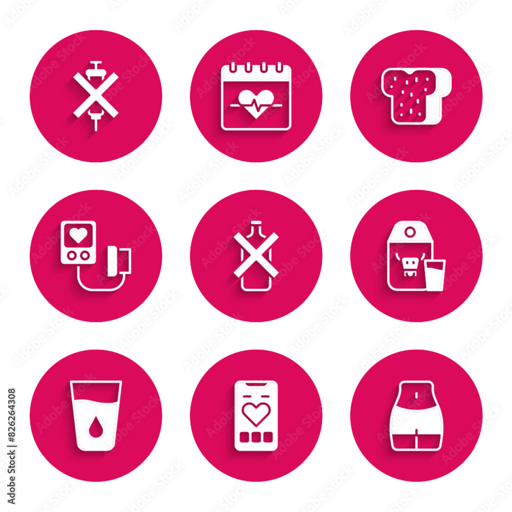 Set No alcohol, Mobile with heart rate, Women waist, Paper package for milk, Glass water, Blood pressure, Bread toast and doping syringe icon. Vector Set No alcohol, Mobile with heart rate, Women waist, Paper package for milk, Glass water, Blood pressure, Bread toast and doping syringe icon. Vector