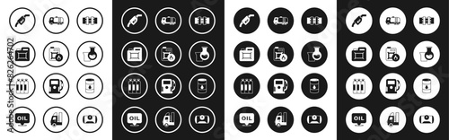 Set Metallic pipes and valve, Canister for motor oil, Gasoline pump nozzle, Oil petrol test tube, Tanker truck, Barrel and Industrial gas cylinder tank icon. Vector