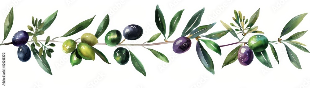 Illustration set of black and green olive branches with leaves and ...