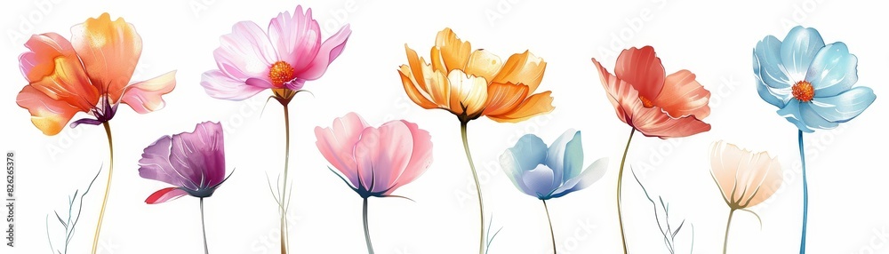 Set of modern illustrations with oil pastel stylized flowers isolated on white backgrounds. Floral abstract drawing in sketch style. Hand drawn art element in summer style.