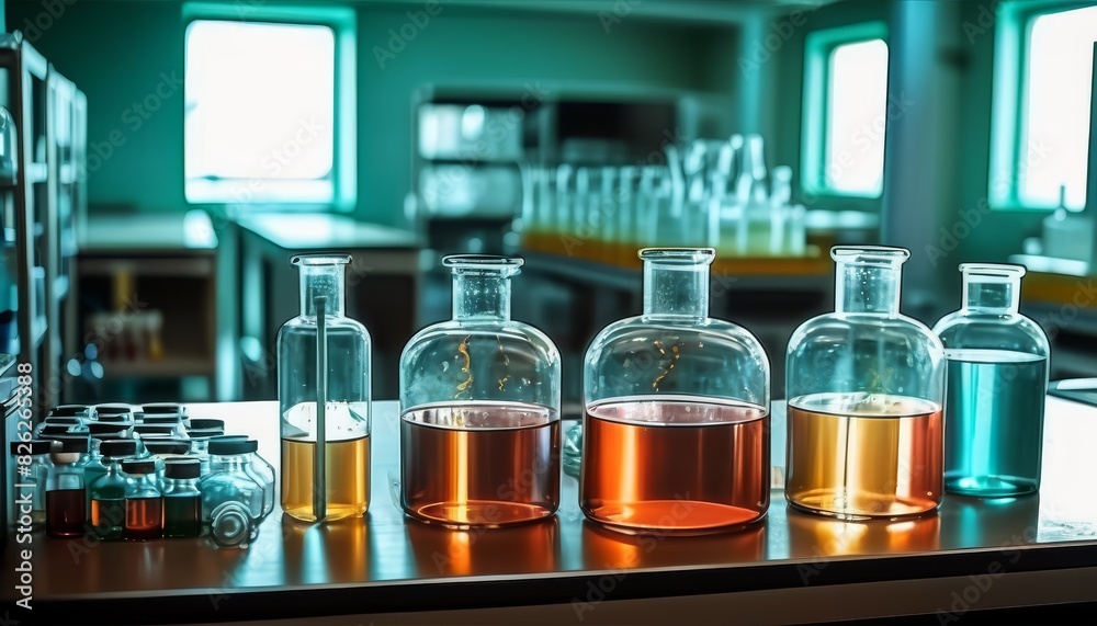 A modern laboratory setting featuring glass beakers and flasks filled with colorful chemical solutions on a workbench, illuminated by ambient light.. AI Generation A modern laboratory setting featuring glass beakers and flasks filled with colorful chemical solutions on a workbench, illuminated by ambient light.. AI Generation