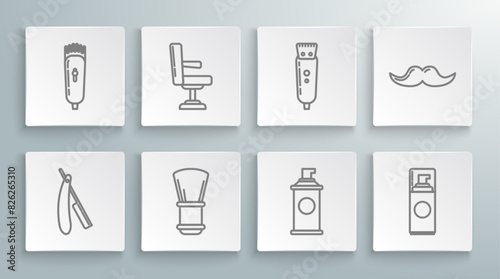 Set line Straight razor, Barbershop chair, Shaving brush, gel foam, Electrical clipper shaver, Mustache and icon. Vector