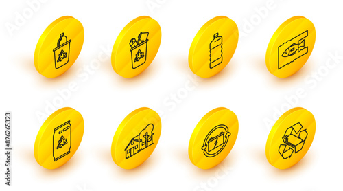 Set line Recycling plastic bottle, Battery with recycle symbol, Eco friendly house, Can and can, Stop ocean pollution, Plastic, Recycle bin and icon. Vector