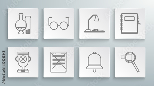Set line Award cup, Exam paper with incorrect answers survey, Ringing bell, Magnifying glass, Workplace table lamp and open book, Notebook and Test tube flask chemical laboratory test icon. Vector