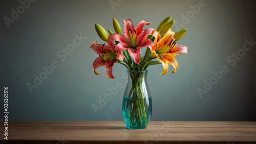 Lily flowers standing in a transparent vase on a table by the window © Watcher