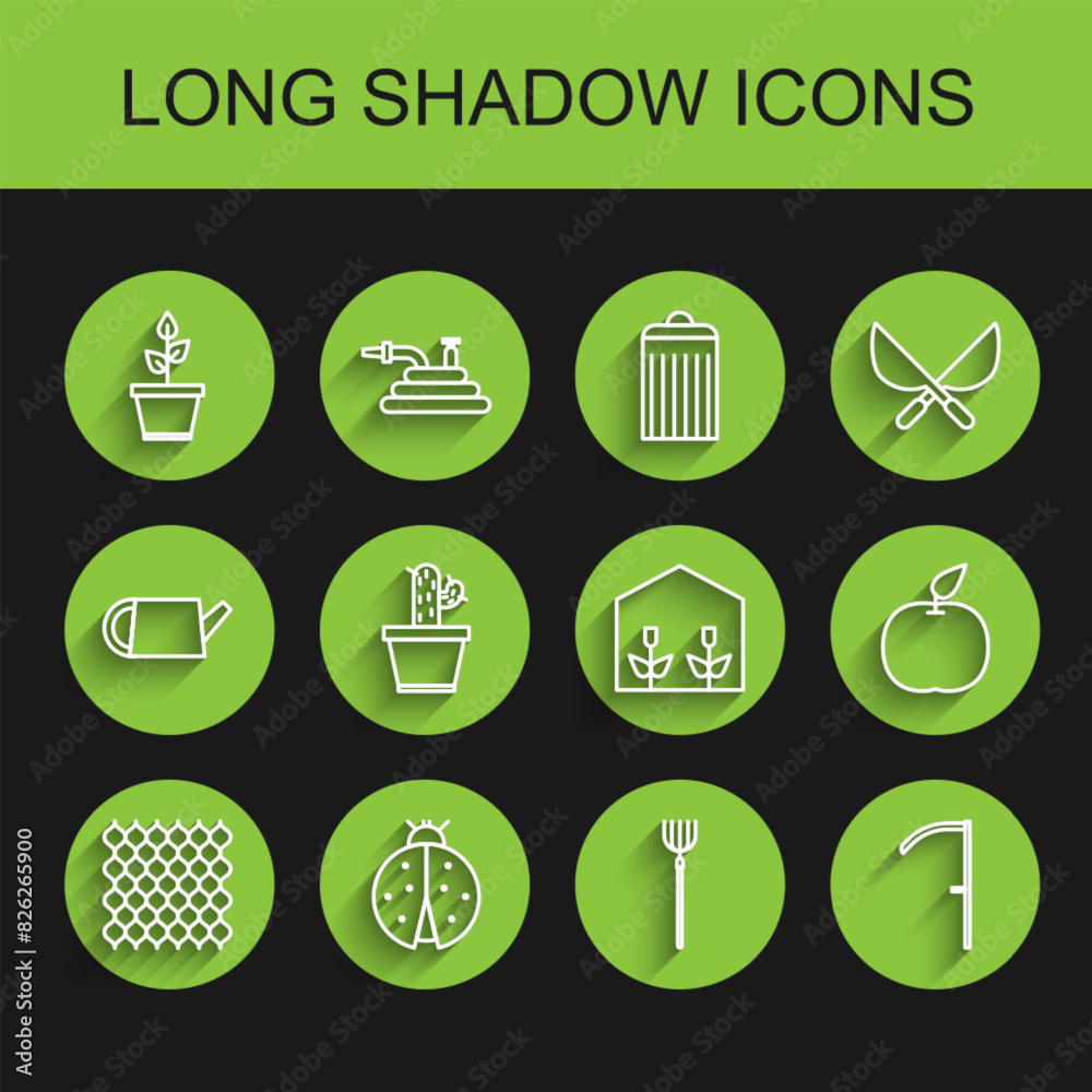 Φωτογραφία Set line Garden fence wooden, Ladybug, Plant in pot, pitchfork, Scythe, Cactus and succulent, Apple and Home greenhouse plants icon