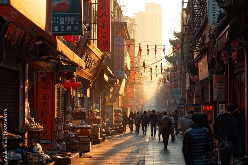 People walking in a group down a bustling city street lined with tall buildings