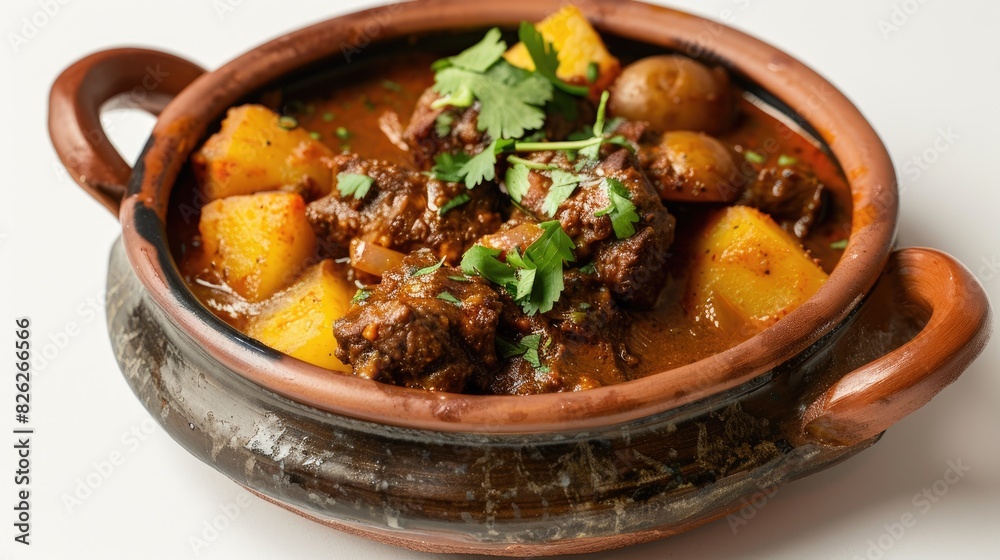 Asian inspired Beef bhuna dry curry with potatoes in a ceramic dish on a white backdrop Asian inspired Beef bhuna dry curry with potatoes in a ceramic dish on a white backdrop