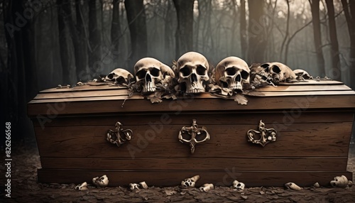 A dark, atmospheric image of an ornate wooden coffin surrounded by skulls in a misty forest setting.. AI Generation photo