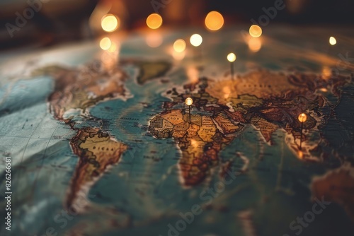 Detailed world map illustrating global travel routes with illuminated lights and markers