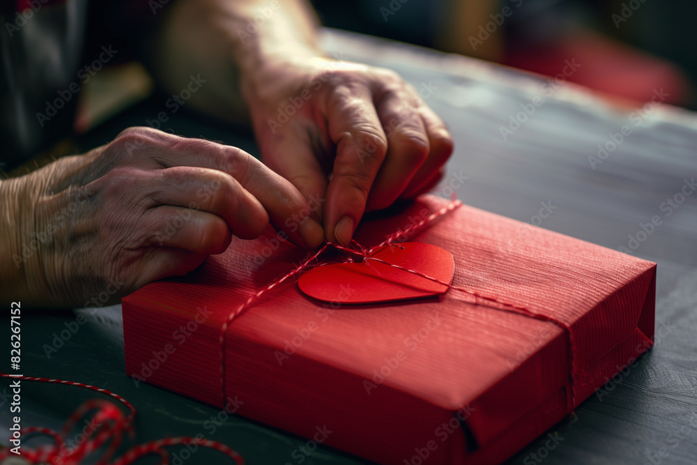 Obraz premium Male hands putting string on red gift box with heart card to give on Father's Day