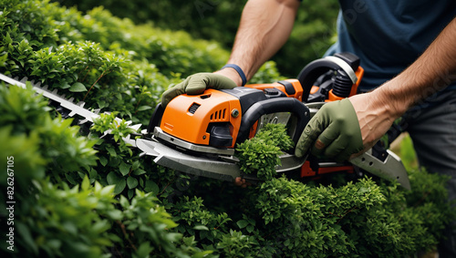 person is holding a power tool with two handles and cutting a green bush photo