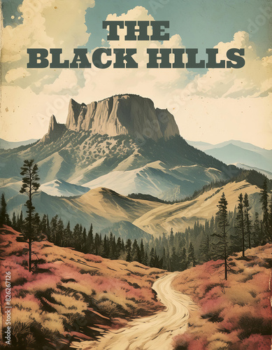 Generated image of a vintage wild west poster depicting the Black hills in South Dakota.  photo