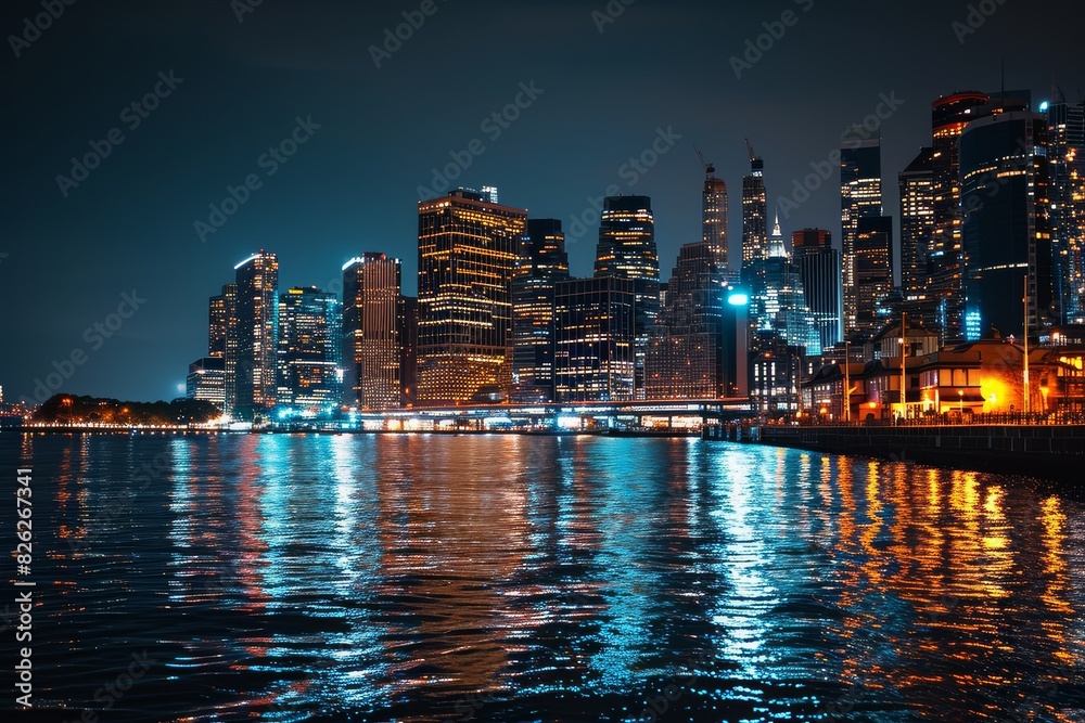 View of illuminated city buildings reflected in water at night, capturing urban skyline from a waterfront perspective