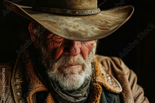 Closeup portrait of an elderly cowboy in a hat, showcasing his aged, characterfilled face photo