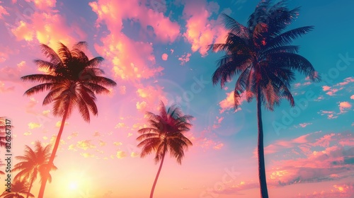Colorful summer background with tropical coconut palm trees during sunset