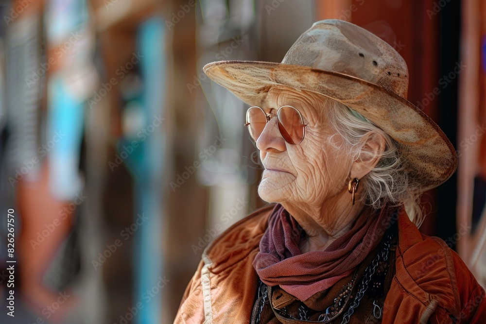 Portrait of a pensive senior woman wearing a hat and sunglasses, outdoors with soft focus background