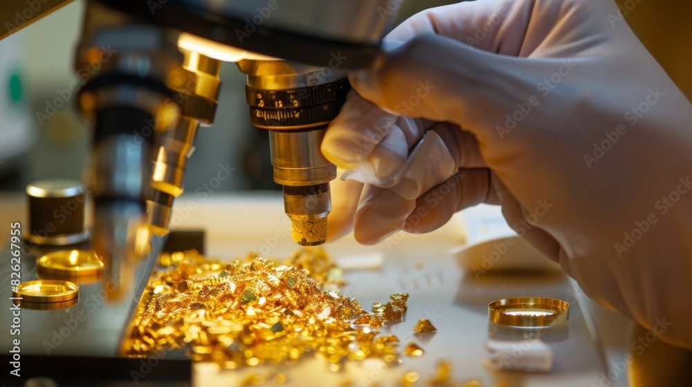 A scientist wearing gloves uses a microscope to closely examine gold fragments scattered on a lab table during the day. A scientist wearing gloves uses a microscope to closely examine gold fragments scattered on a lab table during the day.