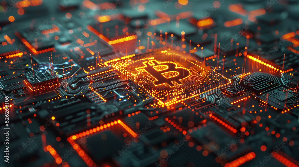 tThe glow of bitcoin against a digital landscape tThe glow of bitcoin against a digital landscape
