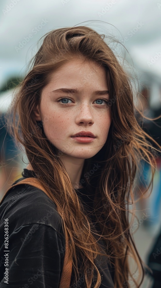Natural Beauty: Young Woman with Freckles and Windswept Hair Natural Beauty: Young Woman with Freckles and Windswept Hair