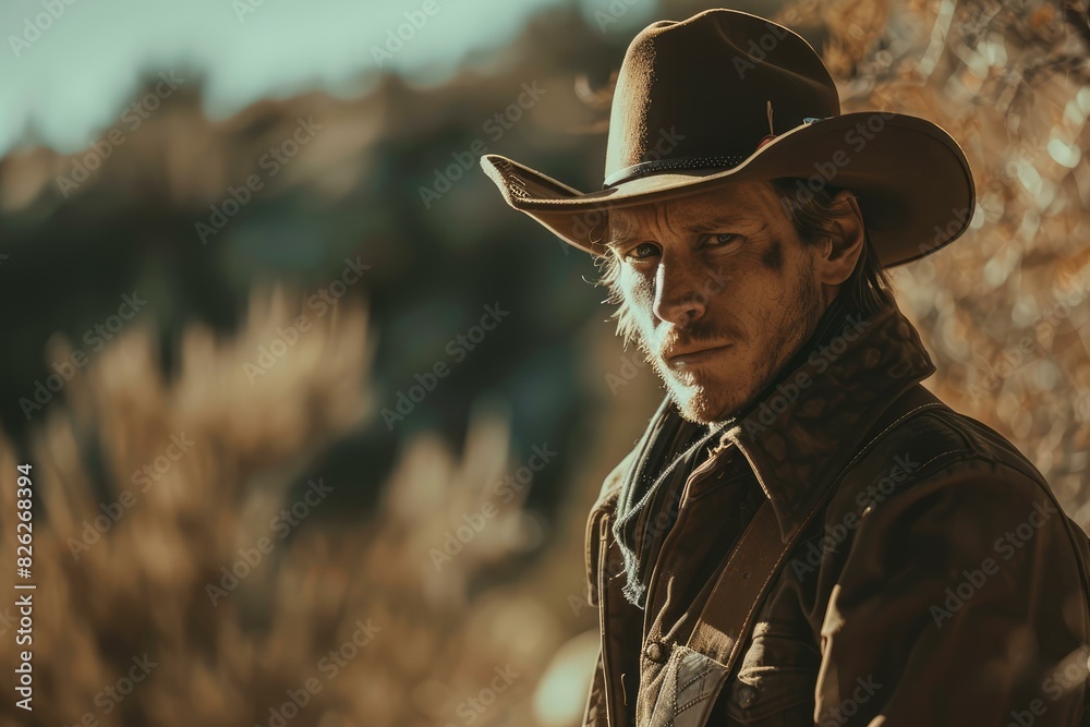 Pensive cowboy in a hat with a sunset backdrop, depicting the classic western spirit