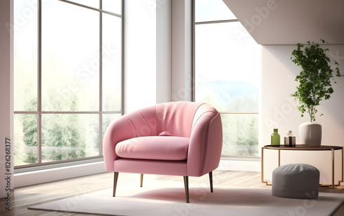 Pink armchair harmonizes with sleek  modern surroundings.
