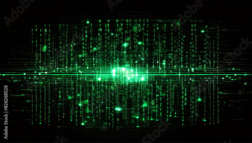 Binary code with glowing green lights