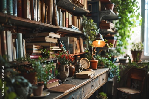 A room filled with numerous books neatly arranged on shelves alongside various types of plants