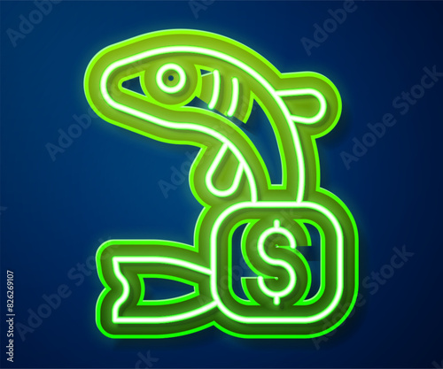 Glowing neon line Price tag for fish icon isolated on blue background. Vector