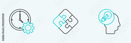 Set line Human head with lamp bulb, Time Management and Piece of puzzle icon. Vector