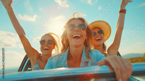 Travel, selfies. Young girls are happy and smiling while taking photos together in nature. Love, freedom and social media lovers share travels, vacations and adventures online