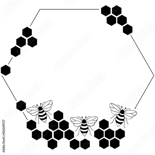 Decorative frame with bee and honeycomb, Hexagon border svg