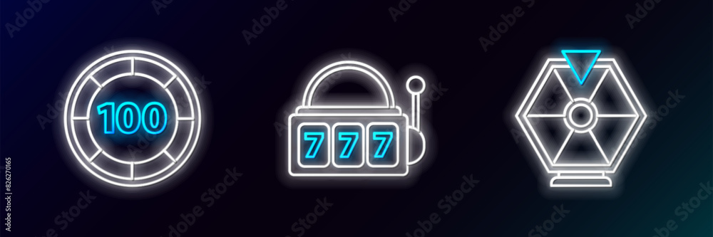 Set line Lucky wheel, Casino chips and Slot machine with lucky sevens jackpot icon. Glowing neon. Vector Set line Lucky wheel, Casino chips and Slot machine with lucky sevens jackpot icon. Glowing neon. Vector