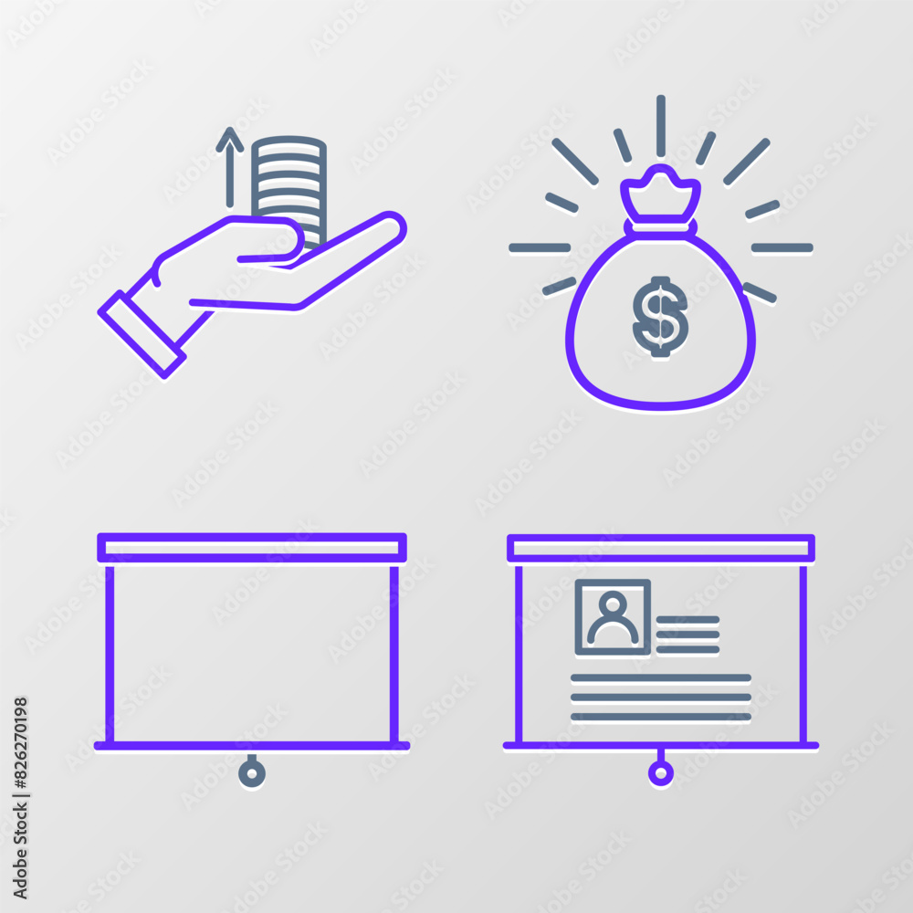 Set line Board with resume, Chalkboard, Money bag and hand icon. Vector Set line Board with resume, Chalkboard, Money bag and hand icon. Vector