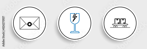Set line Railway carriage, Envelope and Fragile broken glass symbol icon. Vector