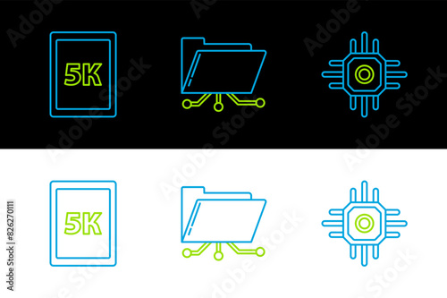 Set line Processor, Tablet with text 5k and Folder and lock icon. Vector