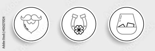 Set line Glass of whiskey, Mustache and beard and Horseshoe with four leaf clover icon. Vector