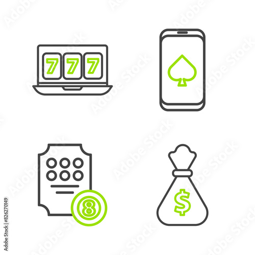 Set line Money bag, Online slot machine, poker table game and with lucky sevens jackpot icon. Vector