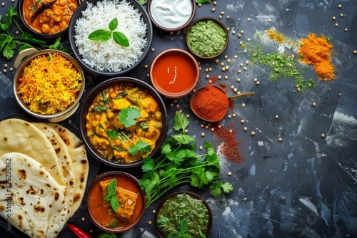 A table with a variety of Indian food, including rice, curry, and spices generated by AI