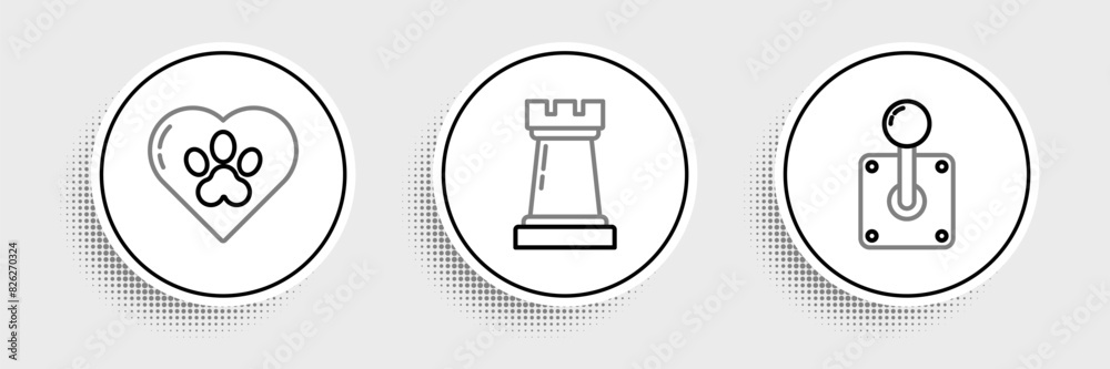 Set line Joystick for arcade machine, Heart with animals footprint and Chess symbol icon. Vector Set line Joystick for arcade machine, Heart with animals footprint and Chess symbol icon. Vector