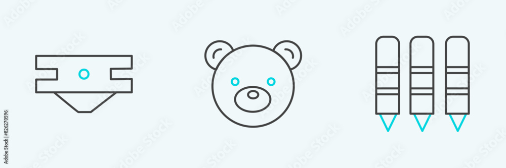 Set line Wax crayons for drawing, Baby absorbent diaper and Teddy bear plush toy icon. Vector