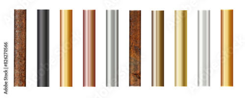 Pipe set isolated on background. Chrome, rusty, steel, golden, copper and iron pipes profile. Cylinder metal tubes. Vector