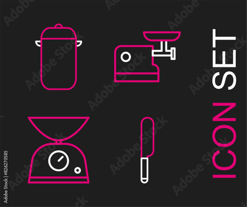 Set line Knife, Scales, Kitchen meat grinder and Cooking pot icon. Vector