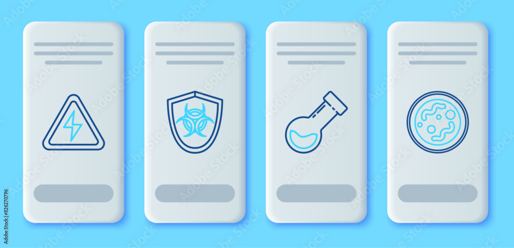 Set line Biohazard symbol on shield, Test tube and flask chemical, High voltage sign and Bacteria icon. Vector Set line Biohazard symbol on shield, Test tube and flask chemical, High voltage sign and Bacteria icon. Vector