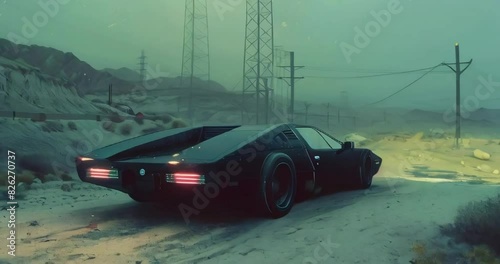 futuristic car driving on dusty road