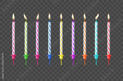 Birthday cake candles with burning flames isolated on transparent background. Vector
